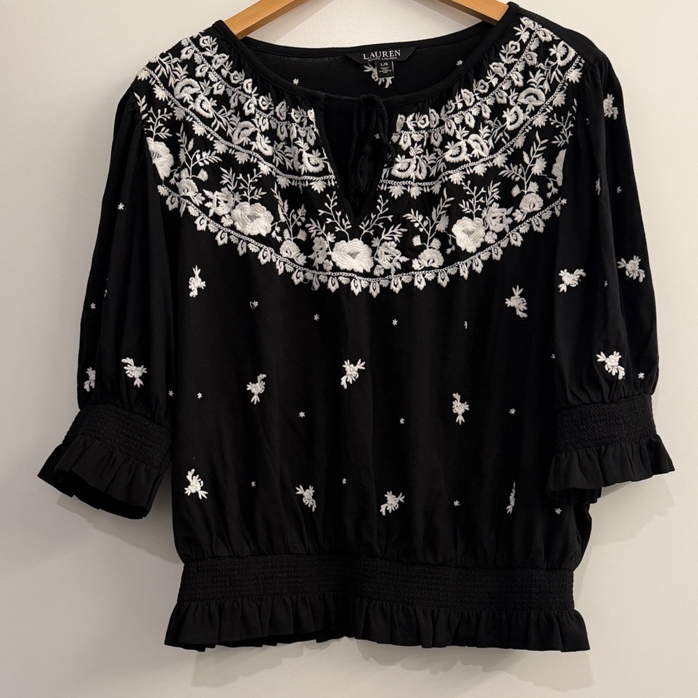 Ralph Lauren Black Blouse with White Floral Embroidery